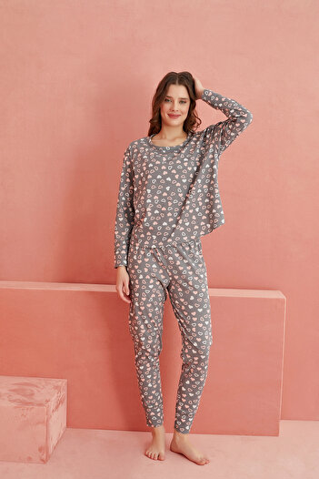 ELİTOL Smoked Long Sleeve Heart Patterned Knitted Pajama Set