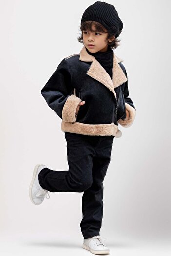 Riccotarz Black Velvet Coat with Wool Detail for Boys - Pants and Scarf