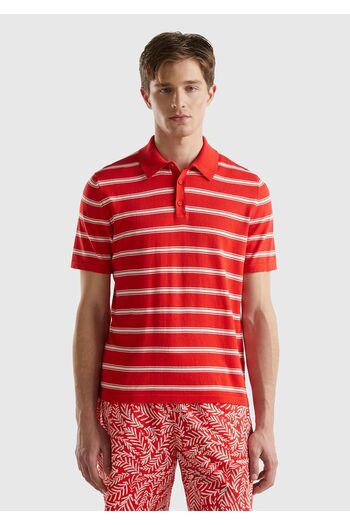 United Colors of Benetton Men's Red Striped Polo Collar Knitwear T-shirt - 100% Cotton, 3 Buttons