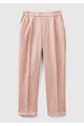 United Colors of Benetton Women's Powder 100% Linen Elastic Waist Trousers