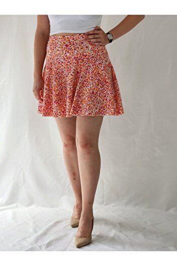 YAXİ Orange Floral Patterned Women's Corsage Bell Skirt with Belt and Shorts