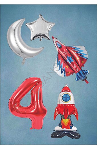 RÖNESANS PARTİ Age 4 - Space Themed Astronaut Airplane and Moon Star Foil Balloon Set