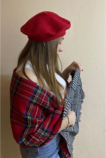 sema aksesuar Red Double Sided Plaid and Herringbone Shawl Scarf and Painter Beret Set of 2 - Valentine's Day Gift
