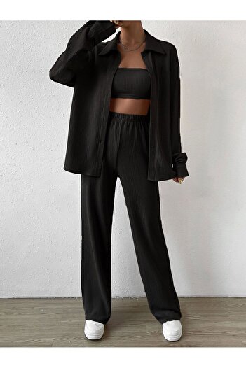 Know Black Crinkle Shirt, Trousers and Bustier - 3 Piece Set