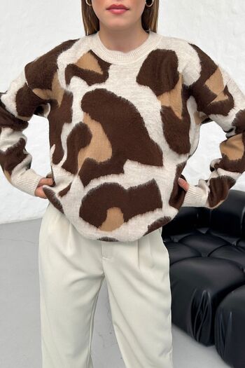 Know Off Shoulder Brown Leopard Patterned Knitwear Sweater