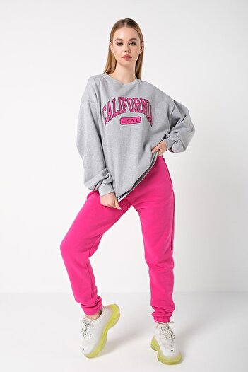 Know Women's 3 Thread Gray Pink California 1991 Printed Oversize Top and Bottom Tracksuit Set