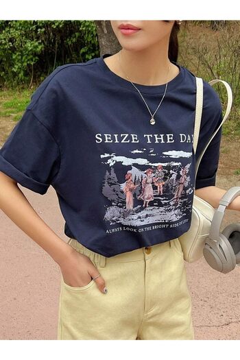 Know Women's Navy Blue Seize The Day Printed Oversize T-shirt