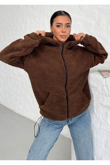 Know Καφέ Oversize βελούδινη γυναικεία ζακέτα με κουκούλα