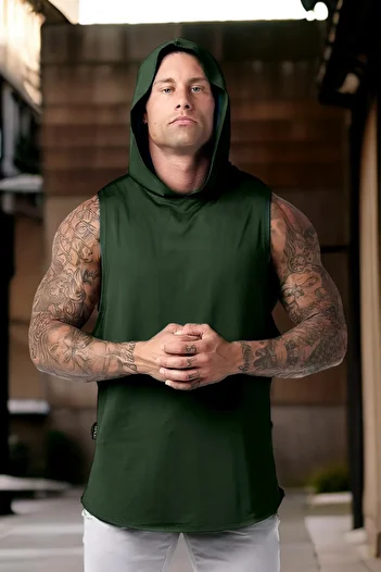 BESSA Khaki Men's Sports Tank and Hooded Cotton T-Shirt
