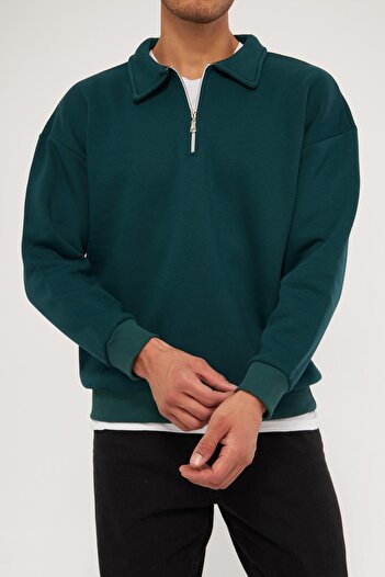 GHASSY CO. Ghassy Co. Erkek Polo Yaka Oversize Yarım Fermuarlı Sweatshirt