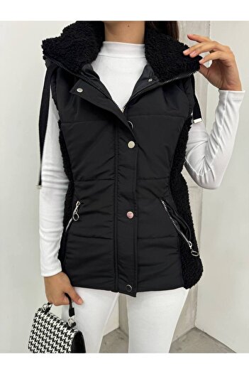 ÇEÇİM Hooded Plush Detailed Zippered Shishi Vest - Zyn-58705