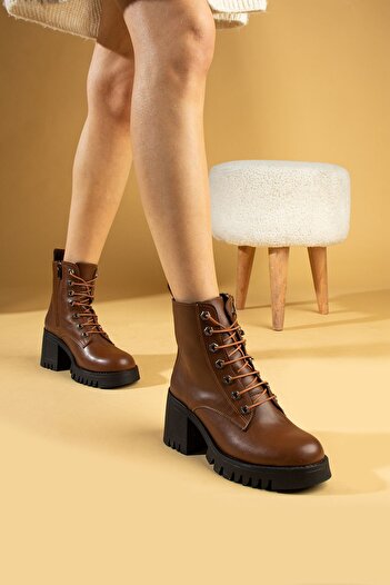Pembe Potin Women's Tan Poly Sole Zippered Comfortable Fit Warm Lining Lace-Up Heeled Boots