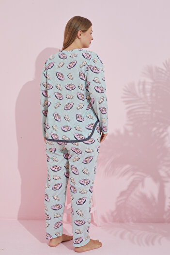 Siyah İnci yeşil pembe yastık desenli Biyeli Curve Büyük Beden Battal Boy Örme Pijama Takım 7779