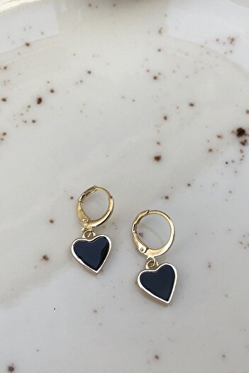 İnci Accessories Women's Enamel Filling Detailed Heart Model Small Size Hoop Earrings Black