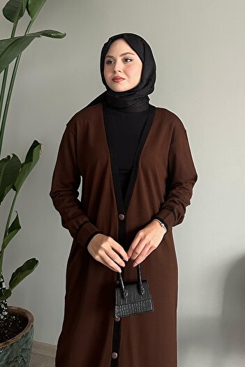 InStyle Μακριά πλεκτή καφέ πλεκτή ζακέτα - ριγέ λεπτομέρεια