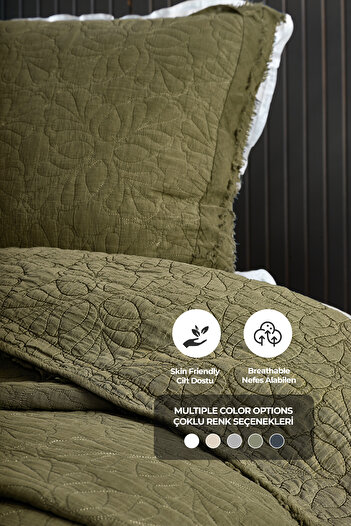Evlen Home Collection %100 Pamuk Çift Kişilik Pike Takımı Özel Taş Yıkama Yatak Örtüsü Yumuşak Modern Rabio Yeşil