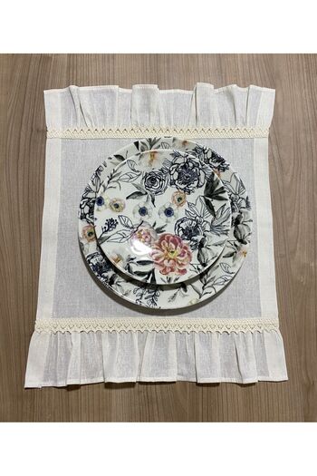 LILYUM 4-Piece Rectangular Plate - 100% Cotton, Raw Linen, Ruffled Lace, American Service, 35X45 cm