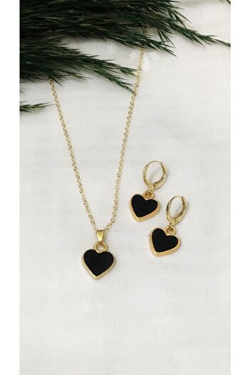 Gizemli Aksesuar Black Heart Figured Necklace Earring Set