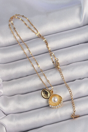 Moka Shopin Mokashopin 316L Gold Colored Oyster Necklace with Zircon Stones and Pearls