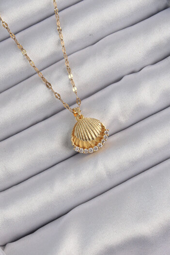 Moka Shopin Mokashopin 316L Gold Colored Oyster Necklace with Zircon Stones and Pearls