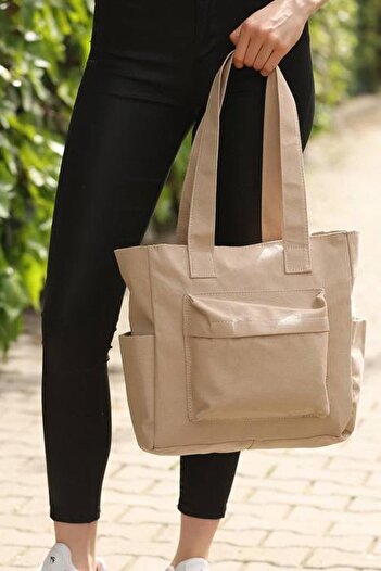 LETOON Canvas Fabric 4 Compartment Zippered Shoulder Bag with Front Pocket Detail