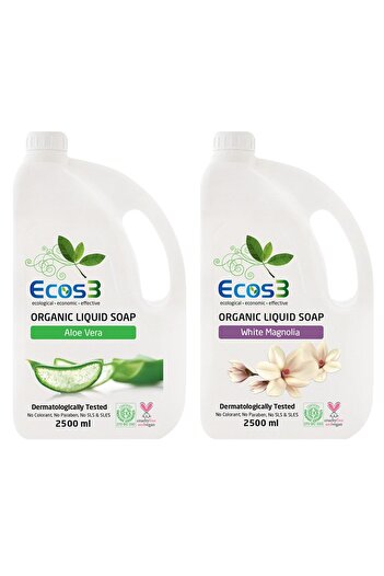 Ecos3 Advantageous Liquid Soap Set, Organic & Vegan Certified, White Magnolia, Aloe Vera, 2 x 2500ml