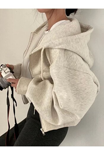 Köstebek Trendy Thick Fabric Crop Top Zippered Hooded