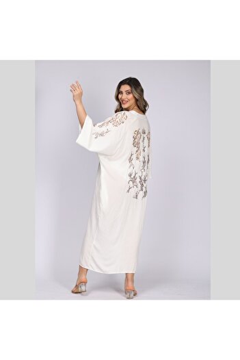 Eceyaman moda women's white back and sleeves yellow sequin embroidery oversize dress