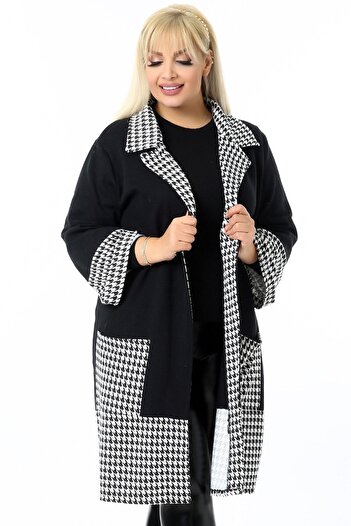 Kheos Houndstooth Patterned Comfortable and Flowy Style Long Cardigan with Wide Sleeve Pockets
