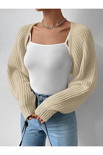 Moibody Triko Örgü Reglan Kol Bolero Hırka Kore Tarzı 4 Mevsim Bej