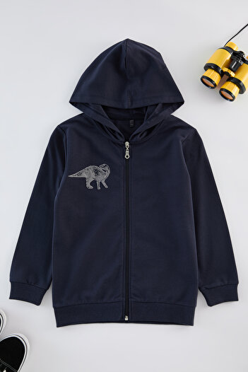 TRENDYOLKIDS Boy's Navy Printed Cotton Knitted Cardigan - Hooded and Zippered Tkdaw25Hi00003