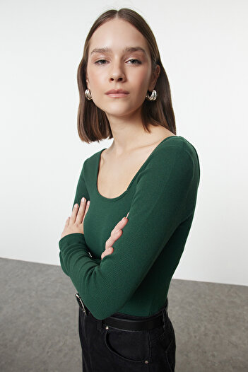 Trendyol Collection Stretchy Ribbed Emerald Green Knitted Body - Long Sleeve, Square Collar Twoaw21bd0022