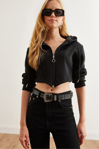 Olalook Black Crop Sweatshirt - Corset Detailed, Hooded, Hooded Swt- 19000657