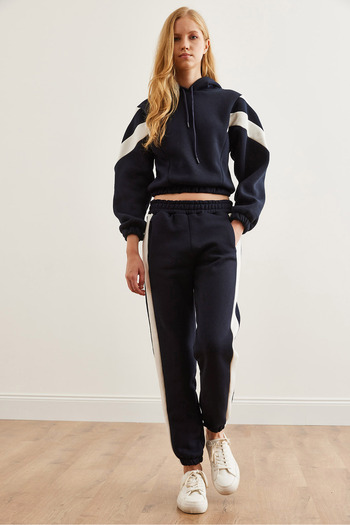 Olalook Navy Blue Stripe Detailed Thick Women's Tracksuit Set - Etkm- 0000070
