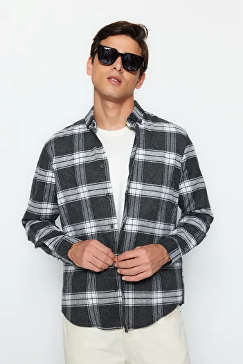 Trendyol Collection Короткий дроворуб в клітинку Gomlek антрацитовий облягаючий комір на ґудзиках TMNAW21GO0611