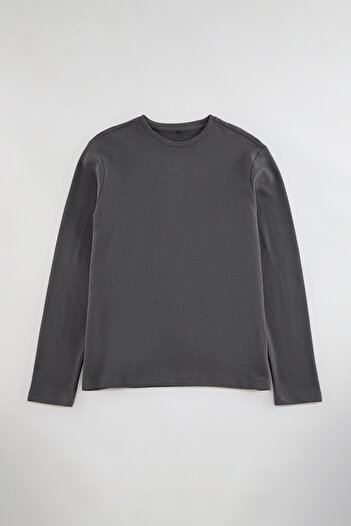 Trendyol Collection Anthracite Long Sleeve Basic Textured Cotton T-Shirt - Tmnaw25Ts00003