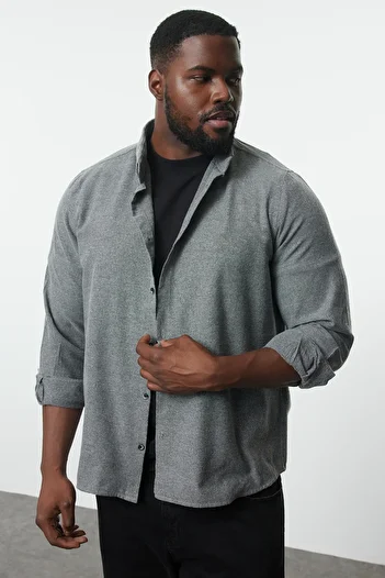 Trendyol Collection Plus Size Gray Flannel Winter Shirt - Button Collar, Regular Fit TMNAW24AX00000