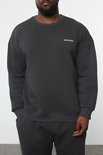 Trendyol Collection Anthracite Plus Size Fleece Σετ φούτερ και φούτερ με στάμπα μεγάλου μεγέθους - TMNAW25TS00001