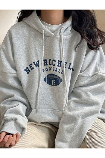 AFROGİYİM Kadın New Rochelle Football Baskılı Pamuklu Kapüşonlu Sweatshirt