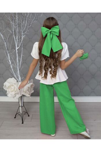 By Feyza Kids Collection Girl's Rose Accessory Blouse, Pants, Bow Buckle and Mini Handbag Set