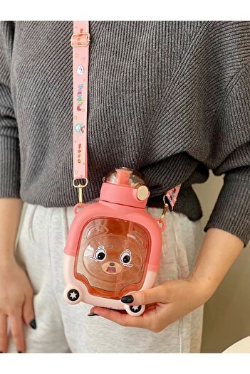 Klein Home Colorful Cute Teddy Bear Look Children's Water Bottle 1lt Water Bottle with Neck Strap for School Bpa Free