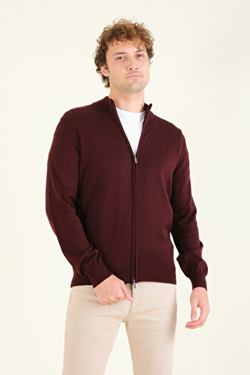 Giyim Dünyası Claret Red Men's Cardigan - Stand Collar and Zippered