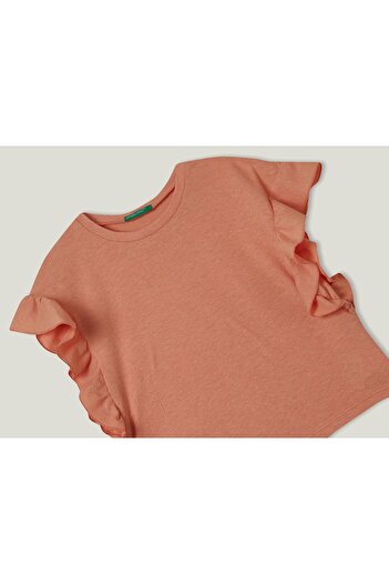 United Colors of Benetton Girl's Coral Linen Mixed Frilly Sleeve T-Shirt Coral