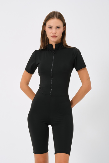 vawensea Women's Solid Color Half Sleeve Zippered Long Shorts Swimsuit Black (with Breast Pad)