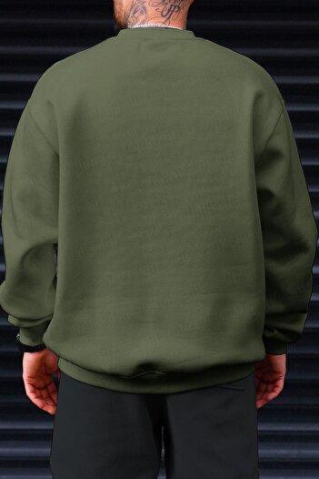 Millionaire Ανδρικό φούτερ από χακί πράσινο Oversize Fleece - 0 Crew Neck, Unprinted, Loose Loose Fit