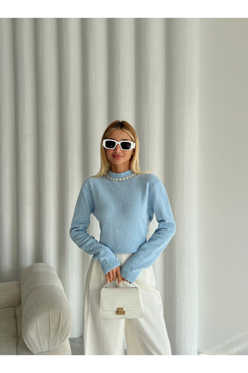 Laluvia Pulover de tricotaj cu perle albastre brodate cu piatra