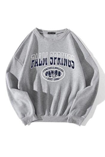 AFROGİYİM Kadın Gri Oversize Lacivert Palm Springs Baskılı Örme Polar Sweatshirt