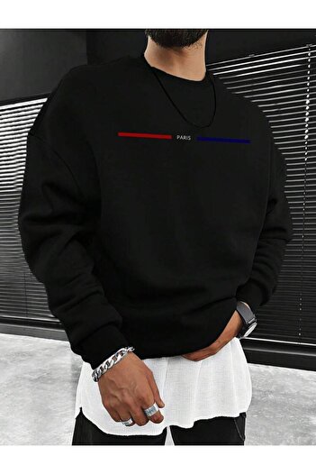 AFROGİYİM Φούτερ Unisex Stripe Paris Printed Oversize Crew Neck Φούτερ