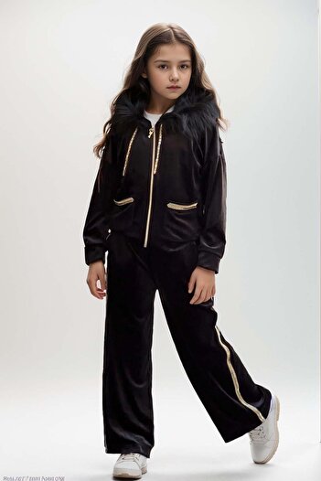 Riccotarz Girl - Black Tracksuit Set with Gold Rope Detail and Fur Hood