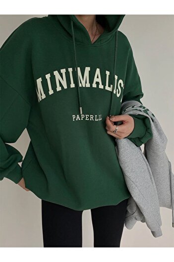 AFROGİYİM Women's Minimalist Paperlll Printed Oversize Fleece Hoodie
